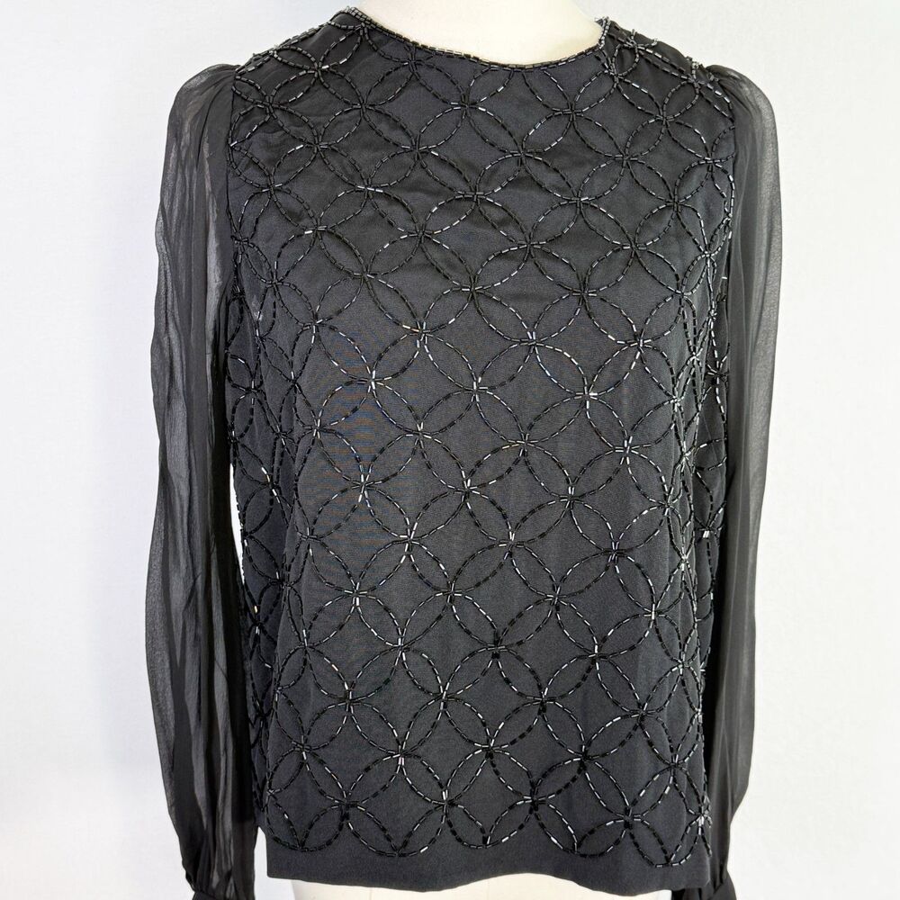 Vintage | Black Beaded Zipper Closure Sheer Long Sleeves | Sz M